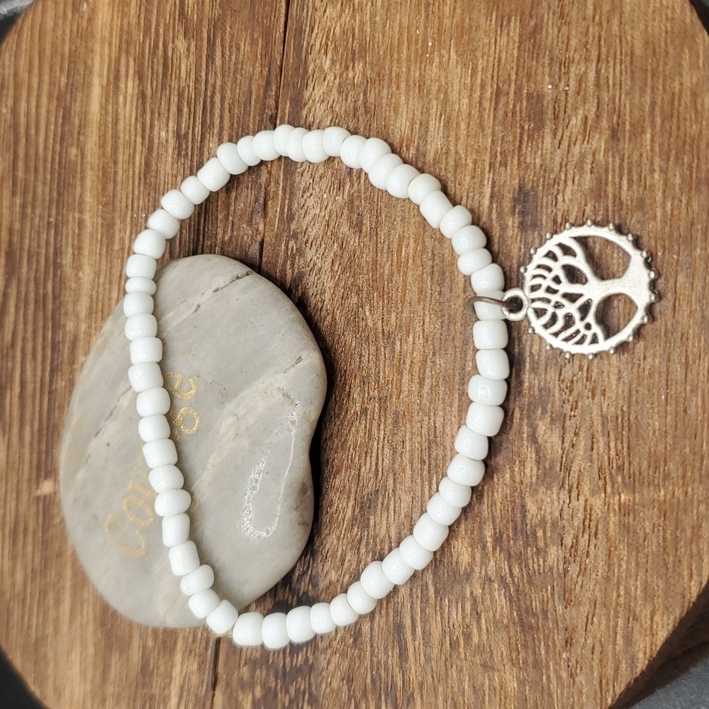 Sterling silver tree of life bone white beaded‎ bracelet  B3127